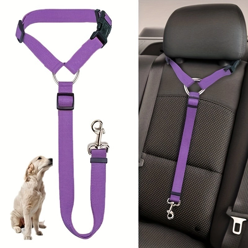 1Pc Purple Nylon 2-in-1 Adjustable Pet Car Seat Belt