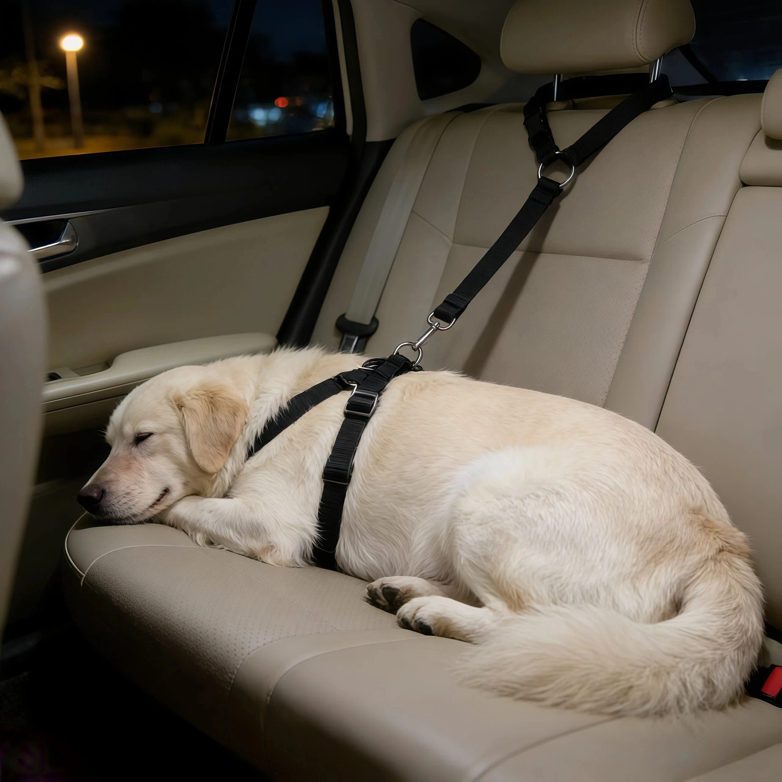 Dog riding in a protected car back seat