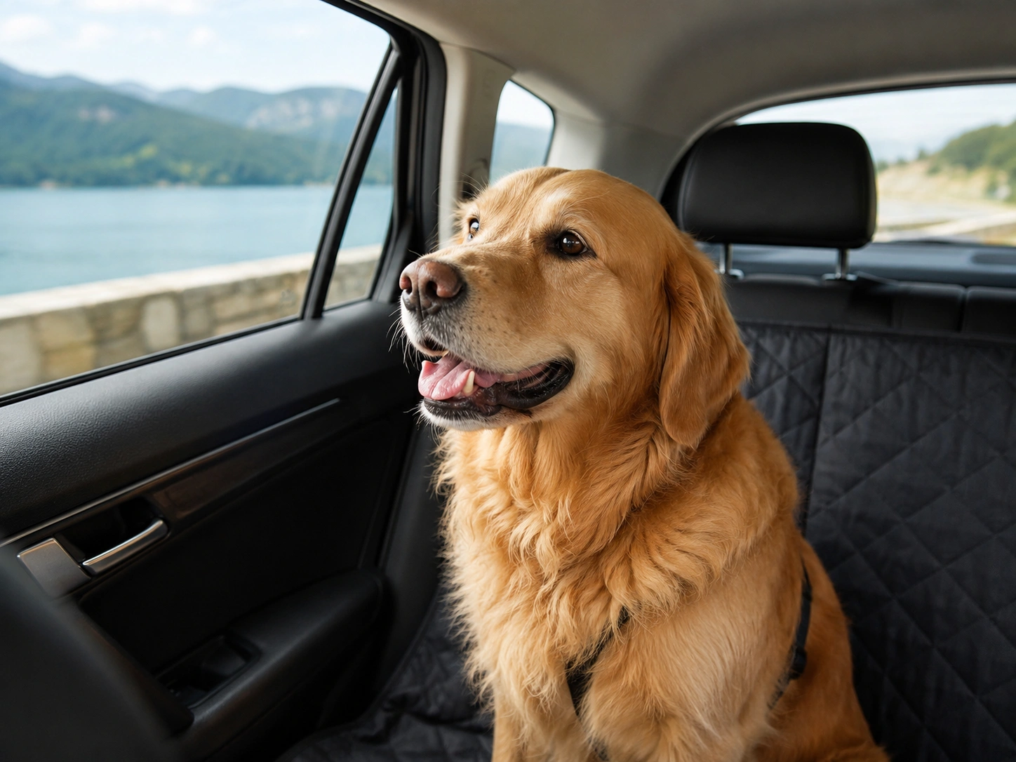 Dog sitting in the backseat of a car