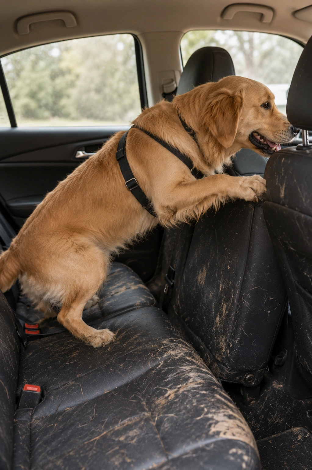 Dog safely riding in the backseat