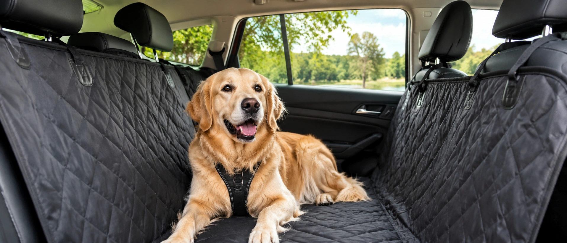 Dog sitting in the protected backseat of a car