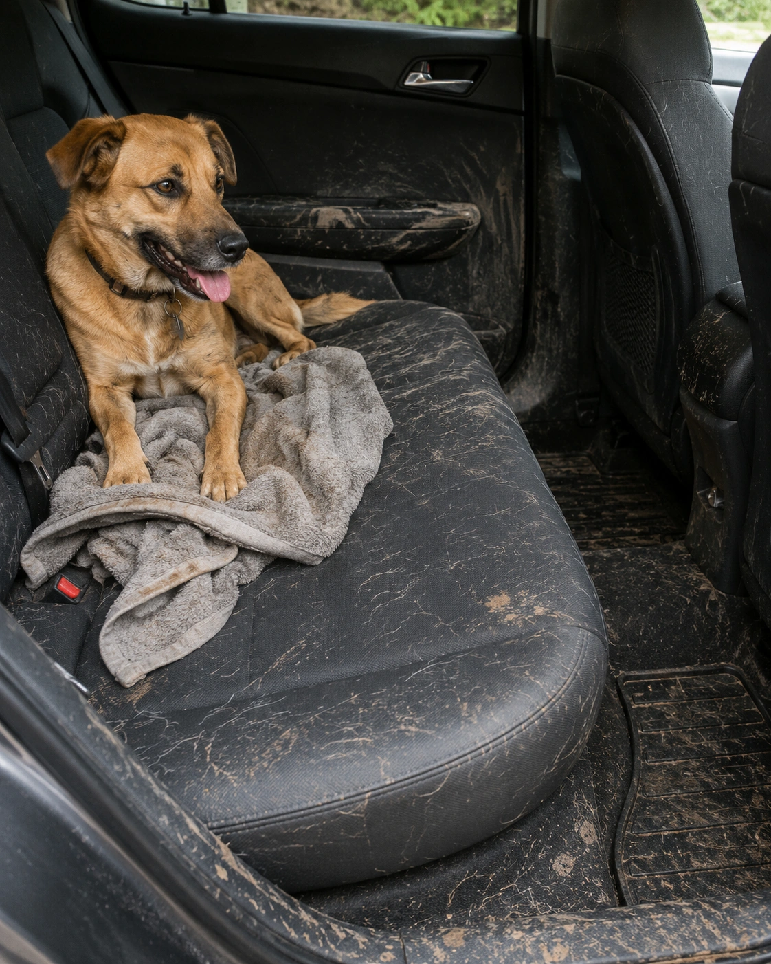 Dog hair and muddy paw marks on a car backseat